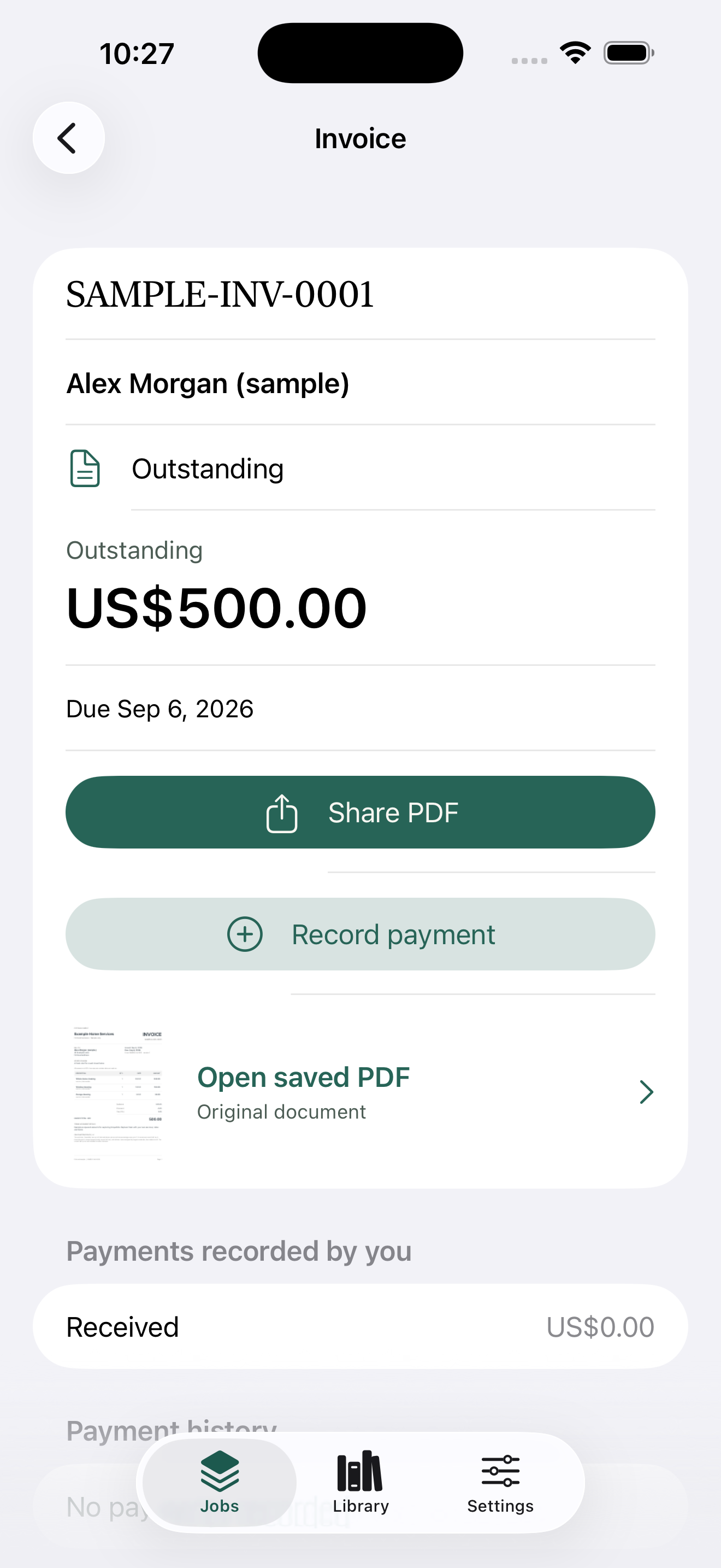 Scopefolio invoice showing a US$500 outstanding balance with Share PDF and Record payment actions
